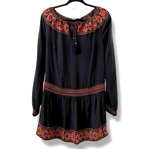 Calypso St Barth silk, long sleeve drop waist colorful embroidery tunic dress XS